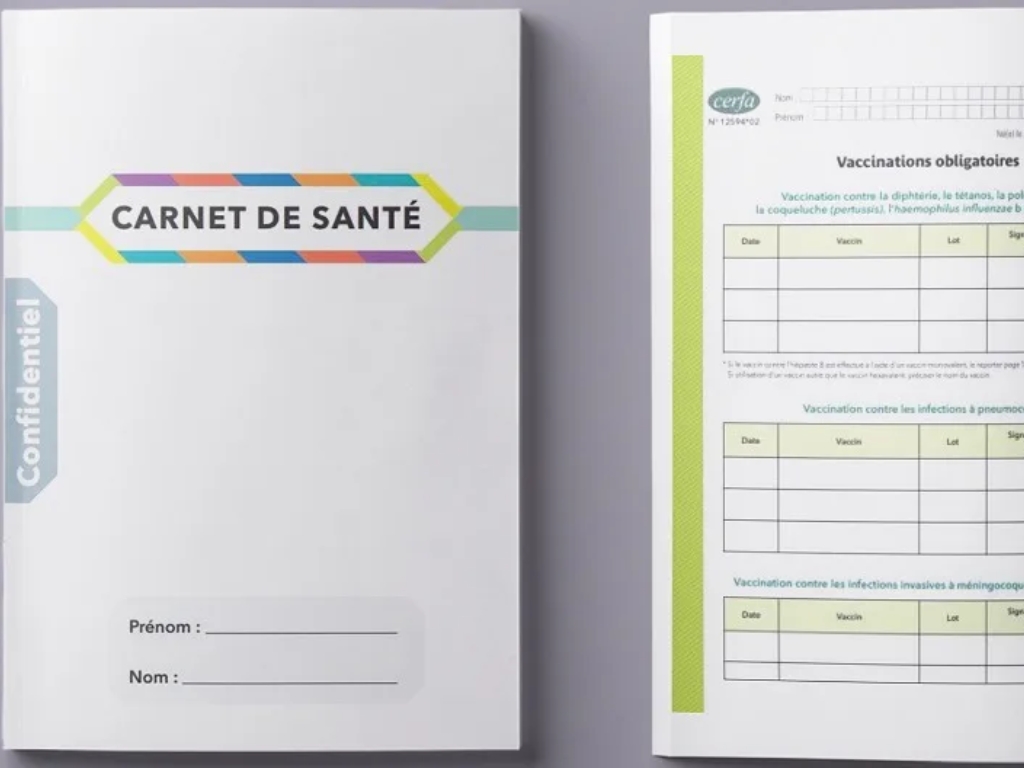 French health record booklet titled Carnet de Santé with space to fill in first and last name, shown beside a vaccination form labeled Vaccinations obligatoires.